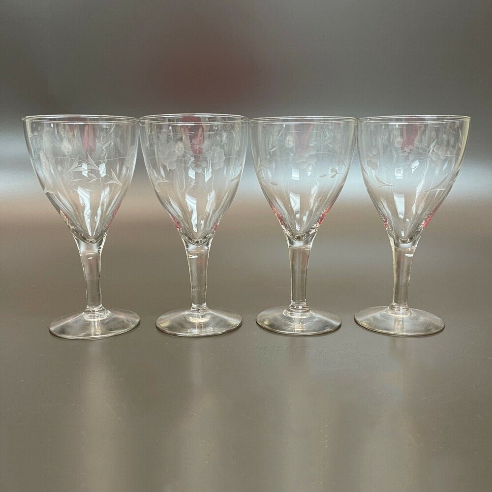 Etched Clear Glass Glasses Wine Stemmed 6" high Lot of 4‎